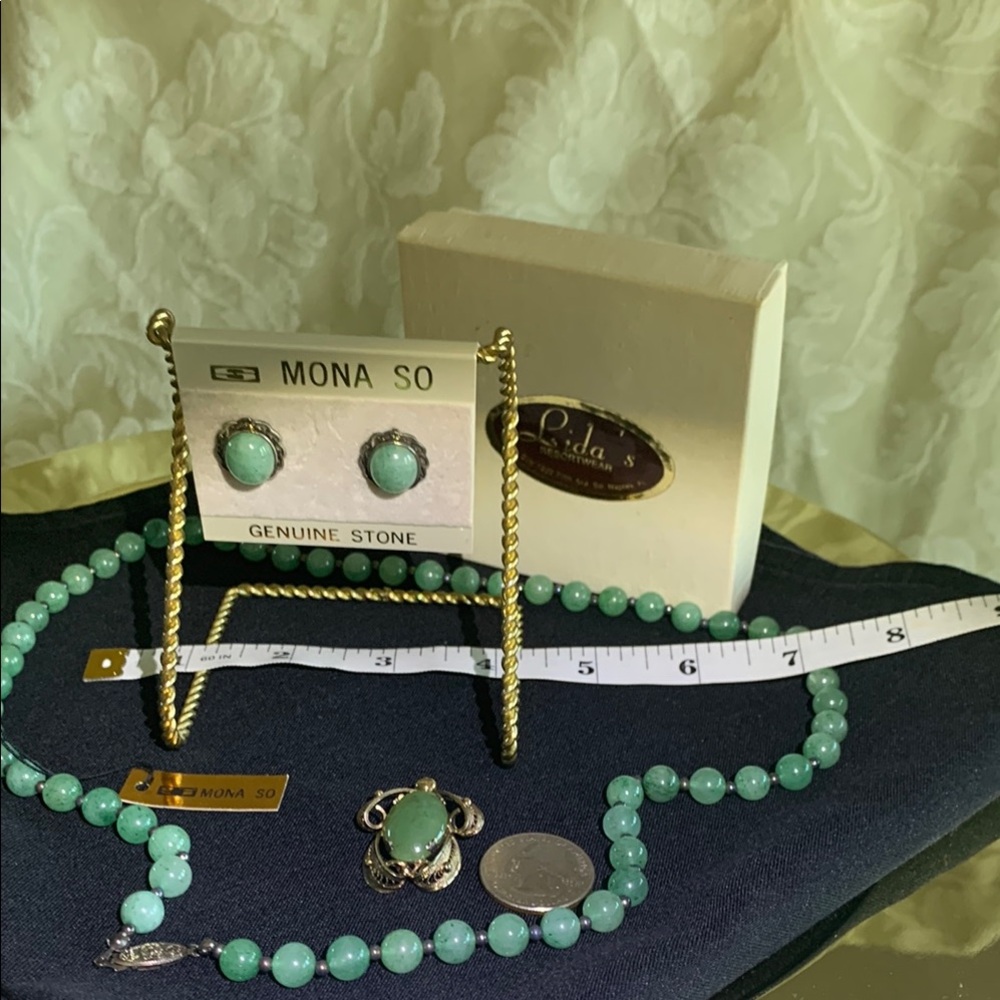 JADE 3 Pc Set -Vintage JADE Jewelry Set-Necklace+Earring+Famous Designer Brooch